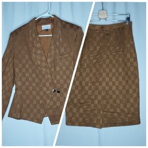 Dividends Skirt Suit 12 Gold Brown Woven Block Plaid One-Button Straight Ckassic
